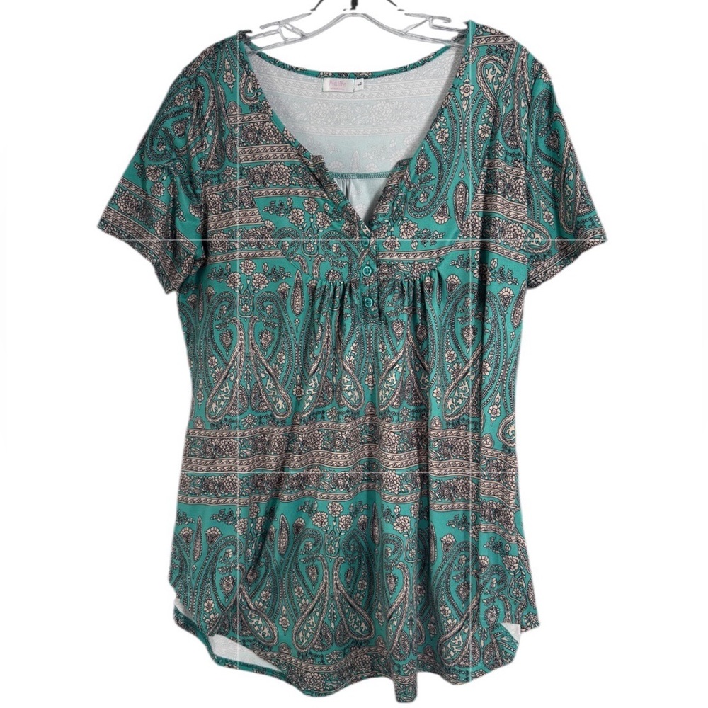 Halife Women's Floral Printed Henley V Neck T Shirt Tunic Top Size Large